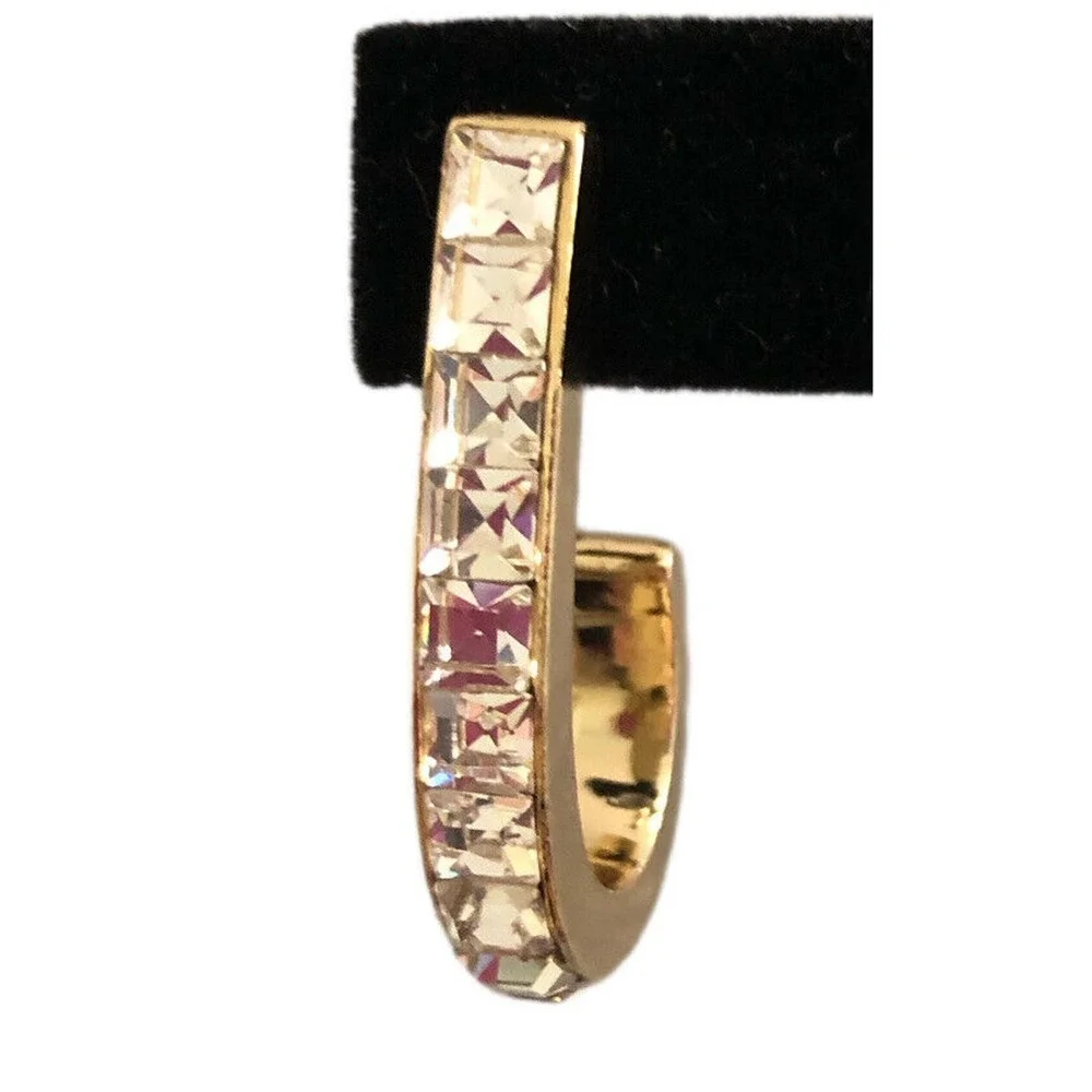 Huggie Hoop Earrings Clear Princess Cut Crystals Gold tone Pierced Ear